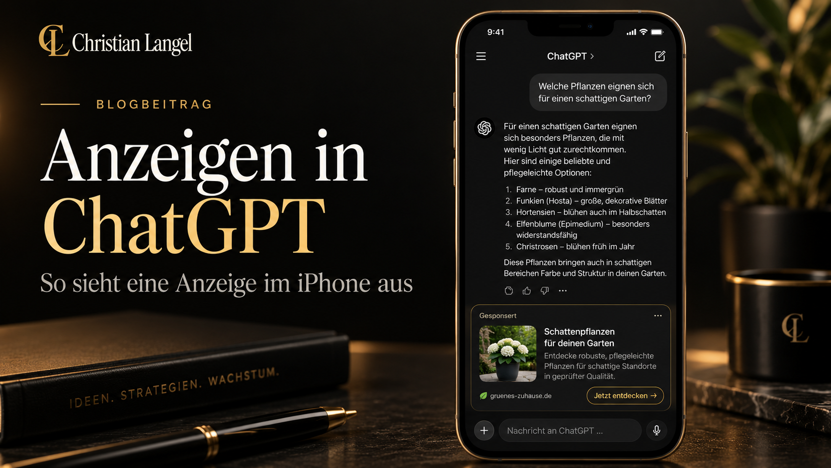Beispielanzeige für Schattenpflanzen im Chat GPT am iPhone, goldene Mockup Szene