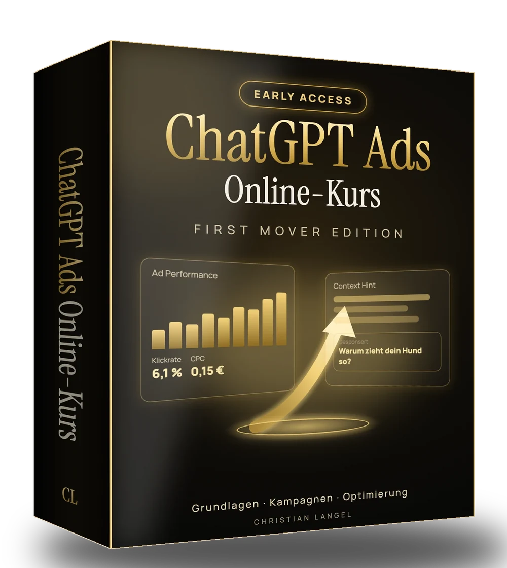 Produktbox des ChatGPT Ads Onlinekurses im Schwarz/Gold-Design