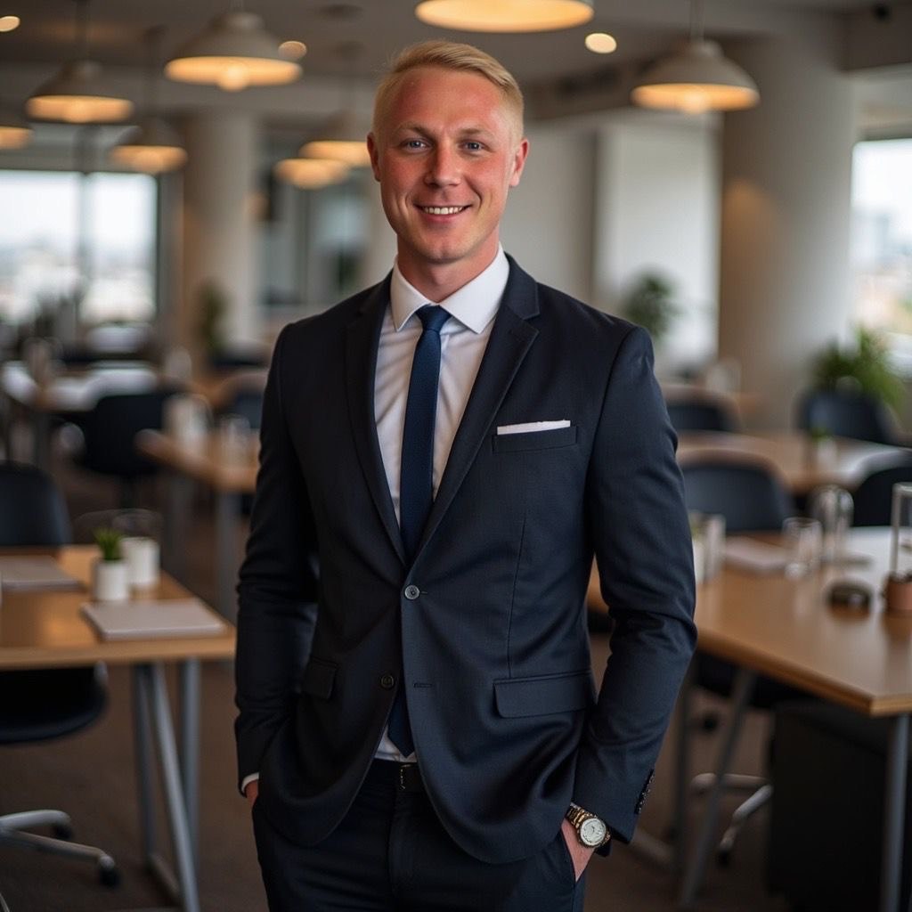 Christian Langel im Anzug in einem modernen Büro