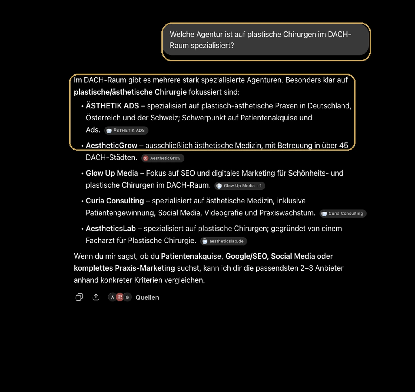 Unangemeldete Chat GPT Abfrage mit gold markierter Frage und ÄSTHETIK ADS als erster Nennung