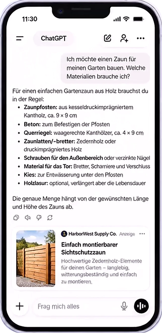 ChatGPT auf dem Handy mit einer gekennzeichneten Anzeige unter der Antwort