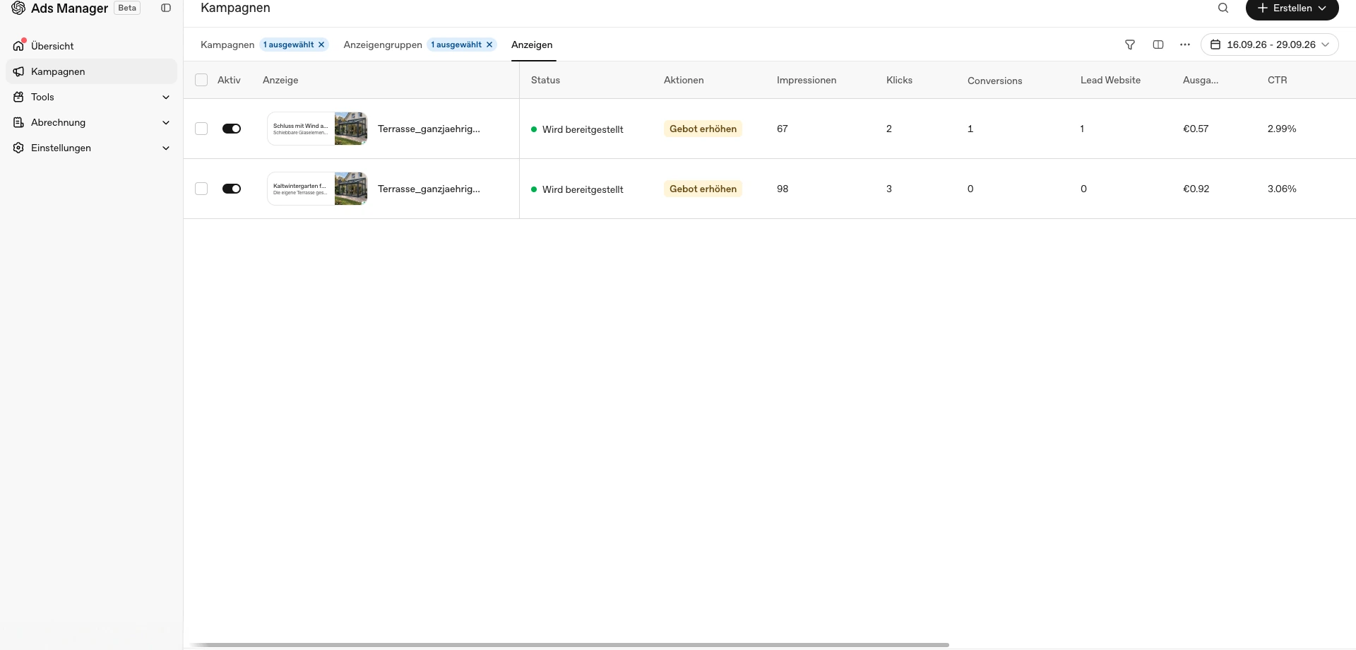Zwei anonymisierte Chat GPT Anzeigen, davon eine mit einer Conversion und einem Website Lead
