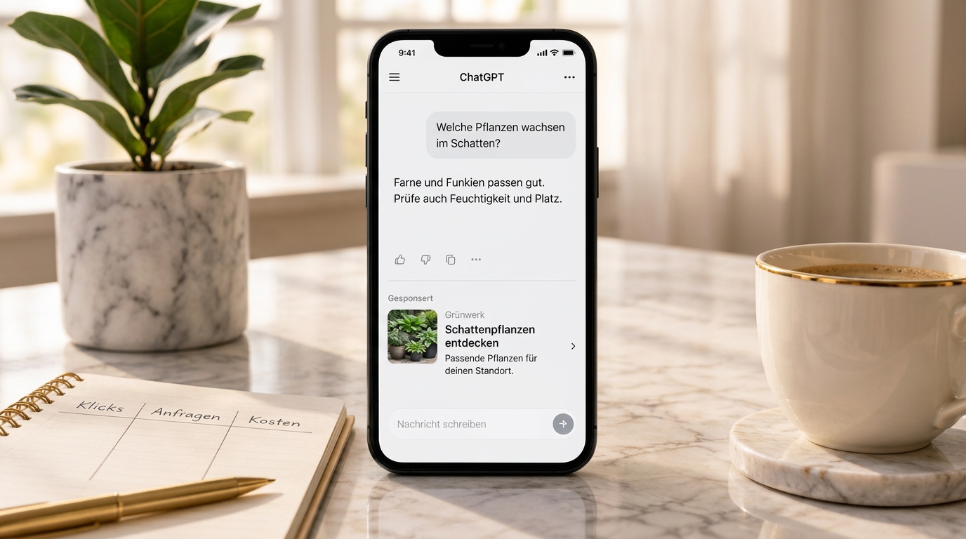 Beispielanzeige für Schattenpflanzen in ChatGPT auf dem iPhone, goldene Mockup-Szene