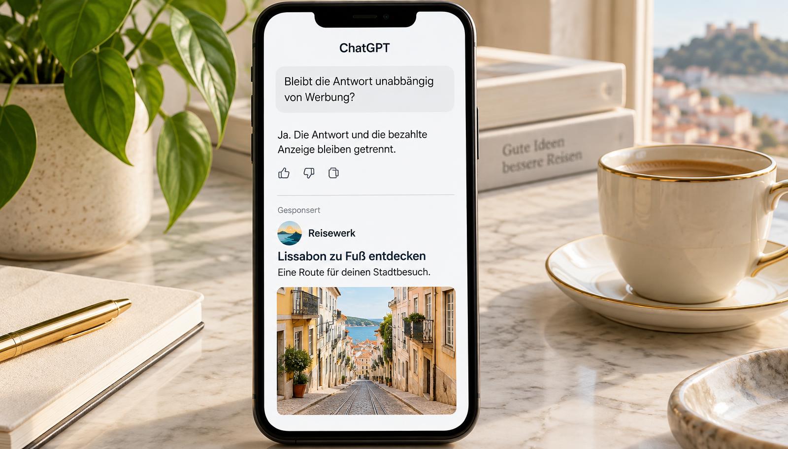 ChatGPT auf einem Smartphone: eine als gesponsert gekennzeichnete Anzeige unter einer Antwort über Lissabon