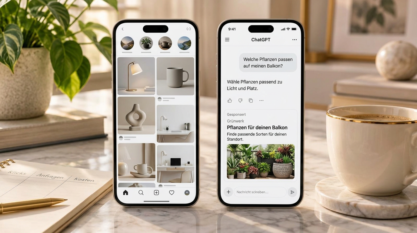 Zwei Smartphones auf dunklem Holztisch, links ein Social-Media-Feed, rechts ein Chat mit einer gekennzeichneten Anzeige unter der Antwort