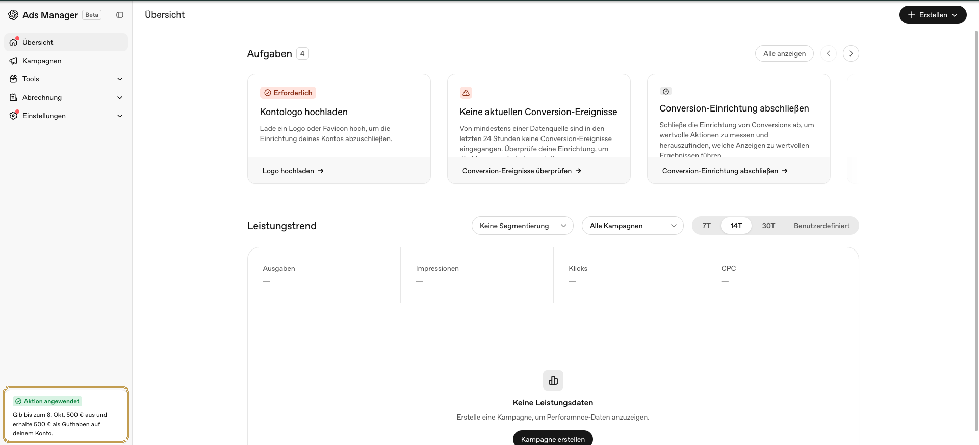 Anonymisierter Open AI Ads Manager mit gold markierter Aktion: 500 Euro ausgeben und 500 Euro Guthaben erhalten