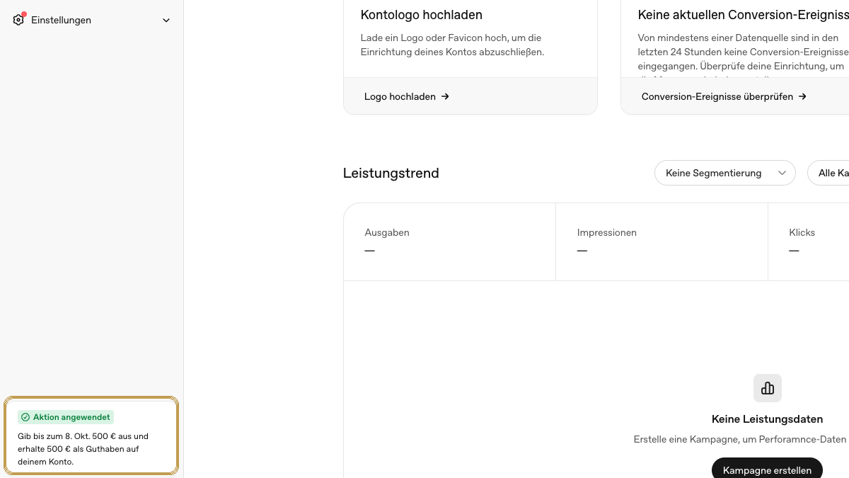 Anonymisierter Open AI Ads Manager mit markierter Aktion für 500 Euro Werbeguthaben
