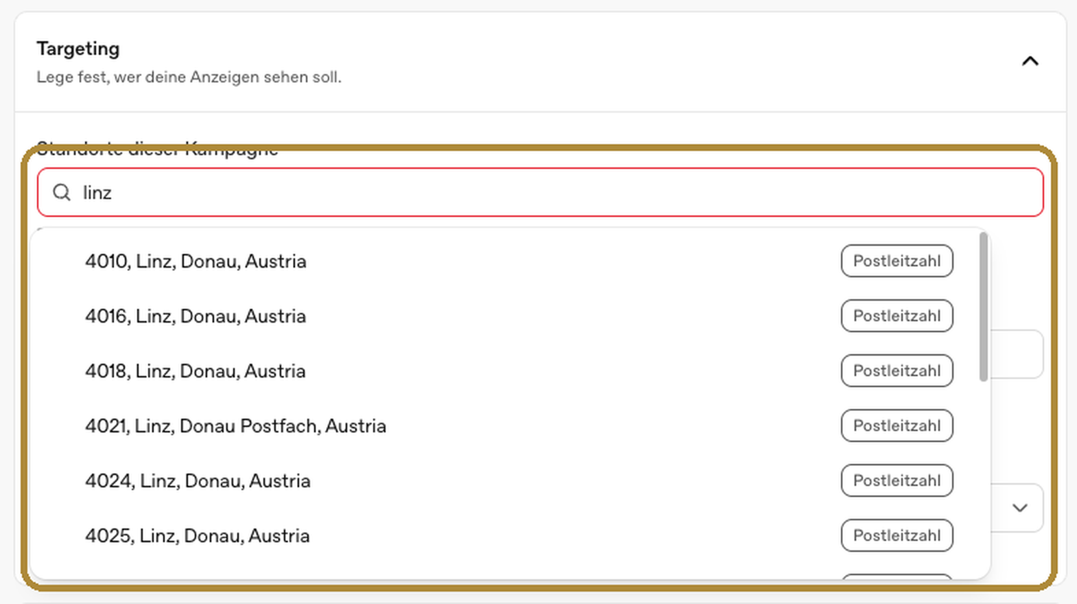 Open AI Ads Standortsuche mit markierten Linzer Postleitzahlen von 4010 bis 4025