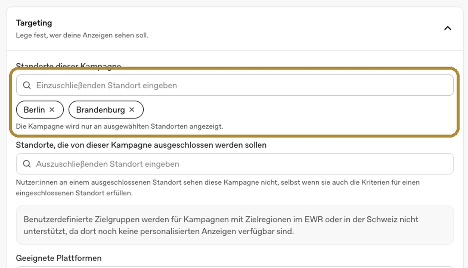 Chat GPT Ads Manager mit markierten Standorten Berlin und Brandenburg im regionalen Targeting